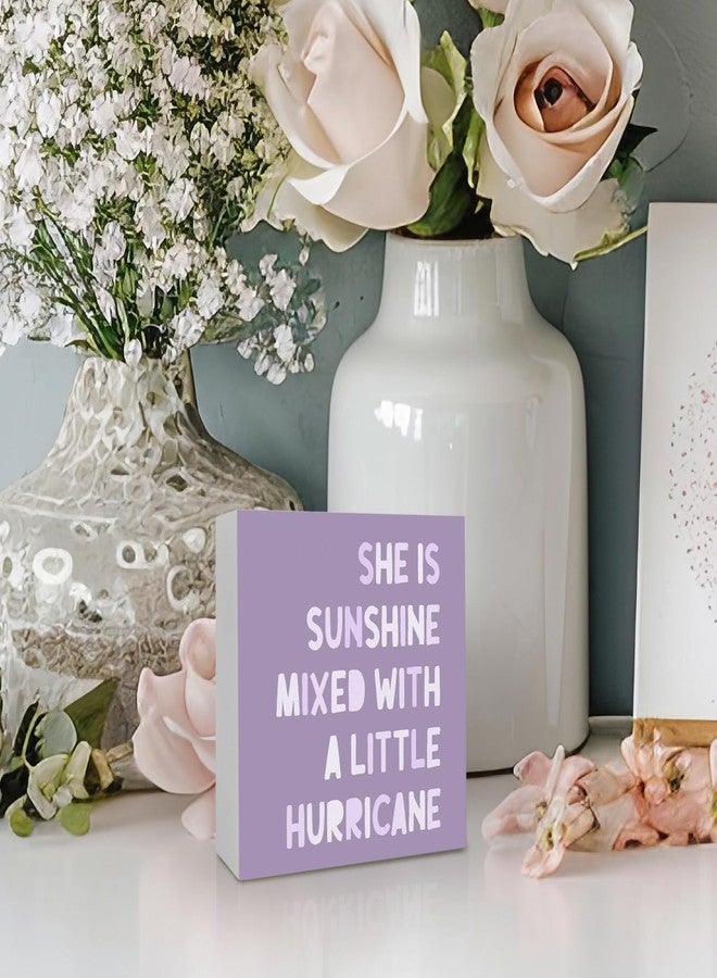 KFXHANGD Purple Inspirational Wooden Box Sign Desk Decor, Purple Room She Is Sunshine Mixed with a Little Hurricane Signfor Nursery Girls Bedroom, Purple Positive Shelf Desk Decor 5x5In - Image 2
